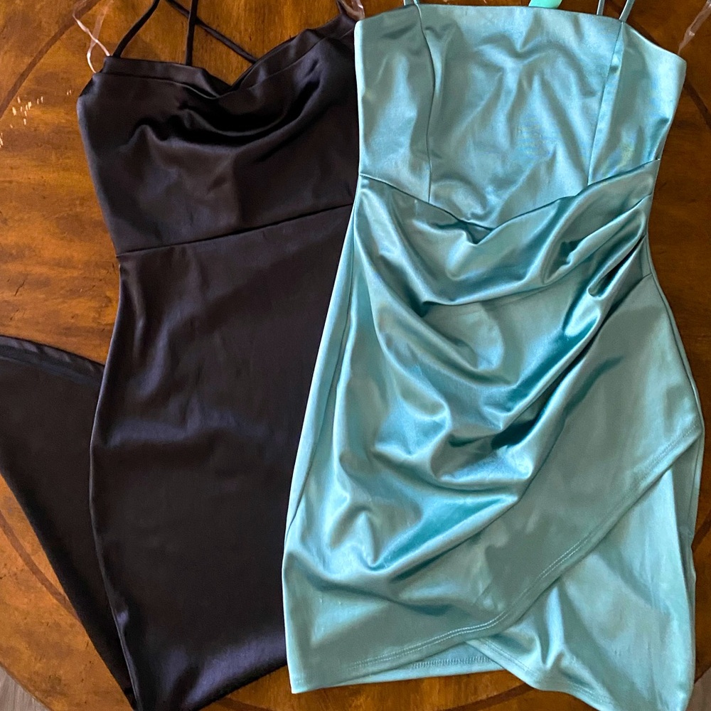 Brand new, never worn Cute, Sexy, Satin, Playful, Black & Blue/Teal Dress Bundle